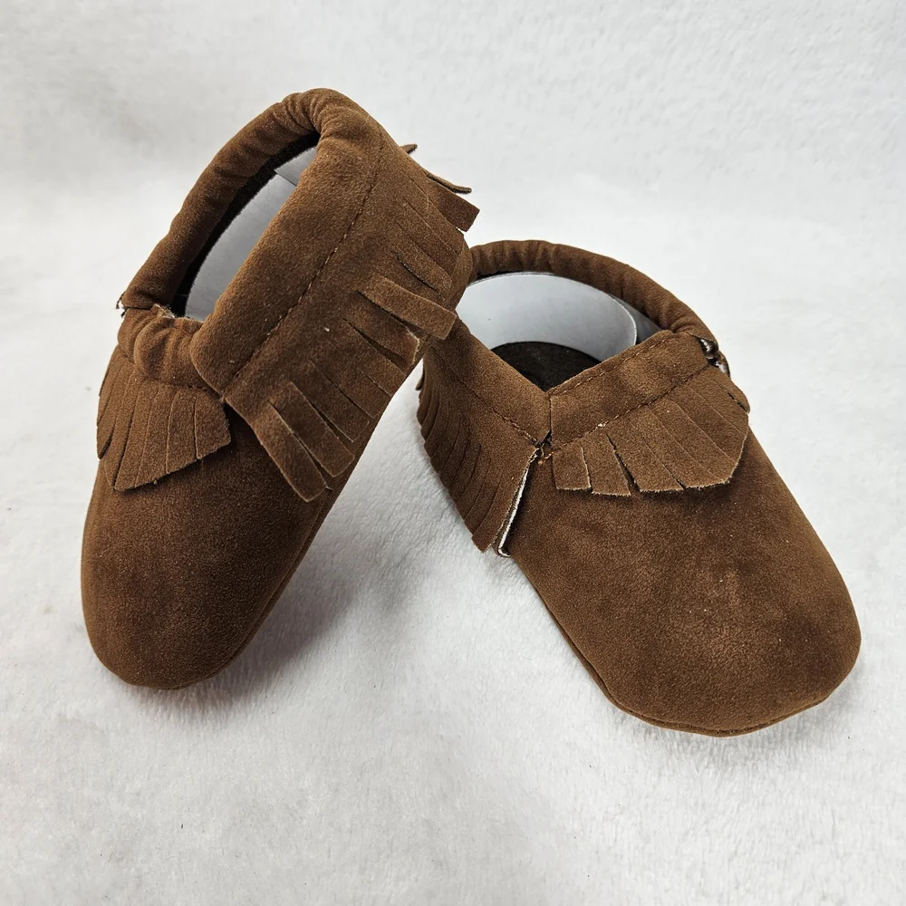 Meckior Baby Moccasins Size 2 Brown Faux Leather Tassel Soft Sole Crib Shoes NEW